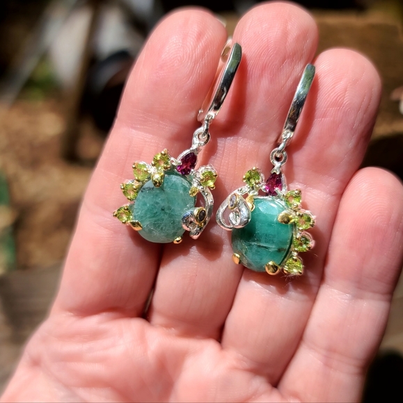 Emerald Peridot Crome Diopside &Tanzanite sterling earrings - Picture 2 of 8